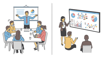 Business presentations in a meeting conference with financial data showing on screen