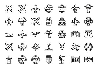 Collection of simple black and white icons representing various symbols and objects on a white background
