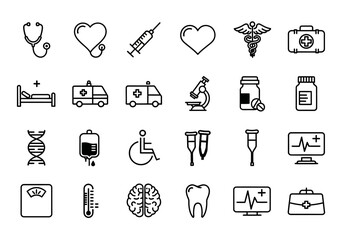 Medical icons collection featuring symbols for healthcare and medicine in a grid layout