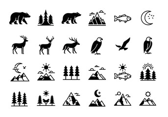 Collection of various wildlife and nature elements in minimalist black silhouettes against a white background