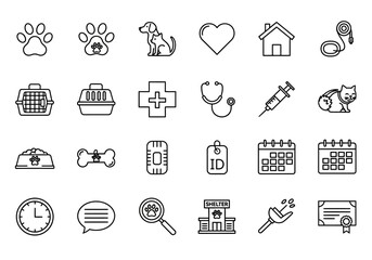 Veterinary care icons collection featuring animals and medical symbols in a simple line style