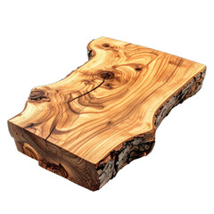 A polished, live-edge wooden slab with prominent grain and knots set against a black background.