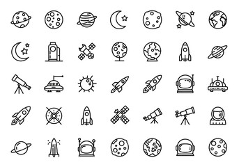 Collection of space-themed icons featuring planets, rockets, and telescopes in a grid layout