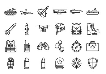 Collection of military and adventure icons in a grid layout on a white background