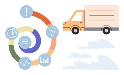Fototapeta premium Delivery truck beside circular infographic with progress metrics, charts, and data visuals. Ideal for logistics, efficiency, analysis, business processes, supply chain, planning simple flat metaphor