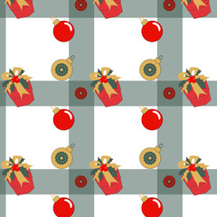 Pattern con palline di Natale, regali su sfondo a quadri verdi