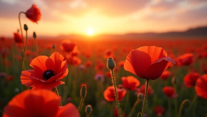 Vibrant poppies at sunset