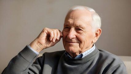 Relaxed Elderly Man Smiling on Pastel Background