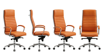 Set of four ergonomic office chairs with adjustable height and swivel base isolated transparent