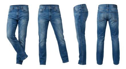 Set of four blue denim jeans displayed against transparent background for fashion showcase