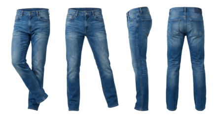 Set of four blue denim jeans displayed against transparent background for fashion showcase