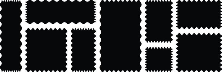 Zig zag wavy edge rectangle frame or border shapes set. Set of frames with zigzag edge, scallop edge shape. black color frame.