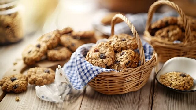 A closeup shot of a basket filled with oatmeal raisin cookies on a wooden table. The cookies are golden brown with visible chunks of raisins and nuts, and they are arranged in a circular pattern.