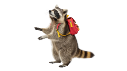 Raccoon Standing Bipedal and Looking Up Wearing a Small Red Backpack, Isolated Photo isolated PNG with Transparent Background