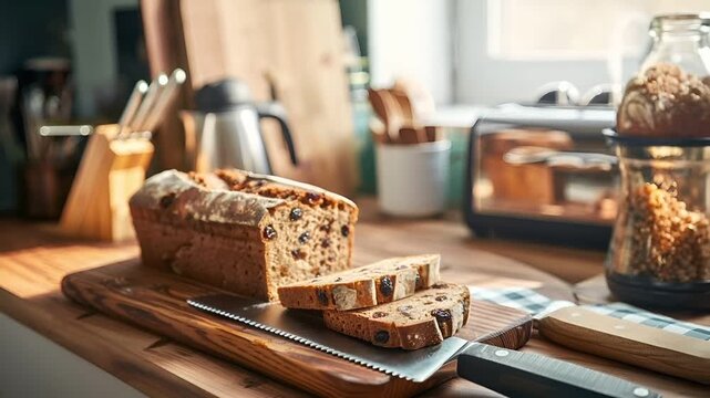 A closeup shot of a wooden cutting board with a loaf of bread on it. The bread has a goldenbrown crust with visible raisins and seeds, giving it a rustic appearance. The background is blurred.
