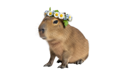 Cute baby capybara sitting and wearing a delicate daisy flower crown isolated PNG with Transparent Background