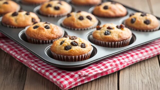 muffins with raisins and nuts in a muffin tinmuffin tin with muffins and raisines on a checkered cloth.