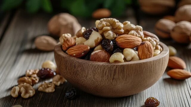 A closeup shot of a wooden bowl filled with assorted nuts and dried fruits. The bowl is placed on a wooden surface, and the background is blurred, emphasizing the bowl and its contents.