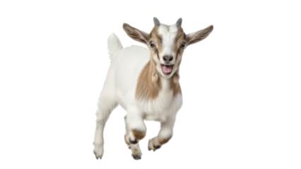 Playful brown and white baby goat kid running and jumping forward, isolated photo isolated PNG with Transparent Background