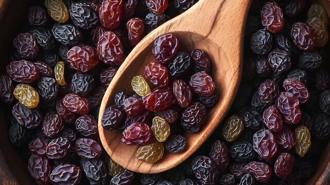A closeup of a wooden bowl filled with assorted fruits, including grapes and raisins. The bowl is placed on a wooden surface, and theres a wooden spoon beside it.