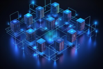 Server blocks interconnected in a blockchain network, symbolizing data exchange and security in a futuristic digital environment