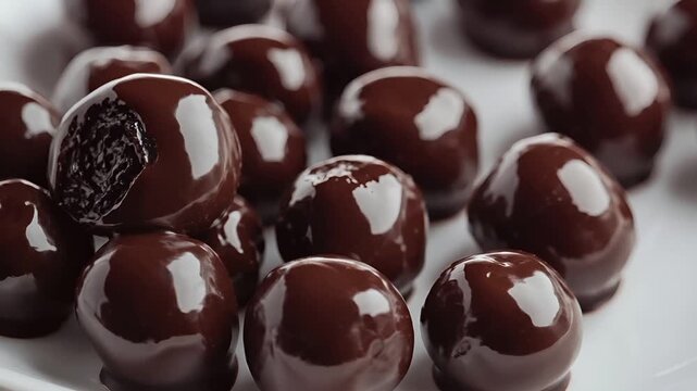 A closeup view of glossy, dark chocolatecovered cherries on a white plate. The cherries are round and glossy, with a rich, dark brown hue. They are covered in a thick layer of dark chocolate.