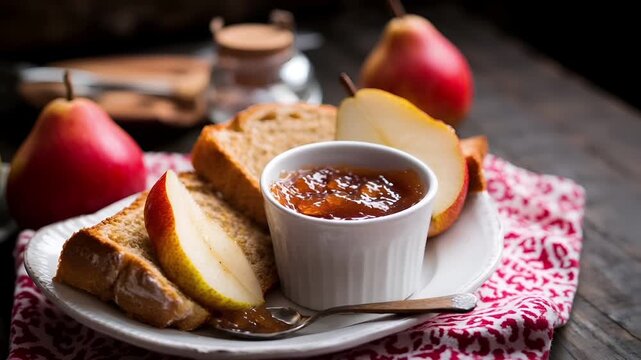 A closeup shot of a white ramekin holding a bowl of berry compote, with a slice of pear on the side. The background is dark, and the foreground features a red and white patterned cloth.