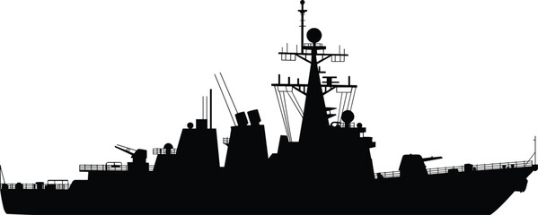 A black silhouette vector illustration of a modern navy guided-missile destroyer warship for military naval and defense designs isolated © Ashik Creatives