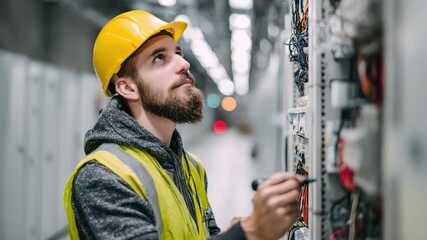 Focused Technician: An engineer, clad in a safety vest and hardhat, meticulously examines electrical systems in a commercial or industrial setting. Capturing the essence of expertise and precision.