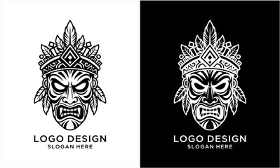 Fototapeta premium Intricate Tribal Mask with Feathers and Aggressive Expression.