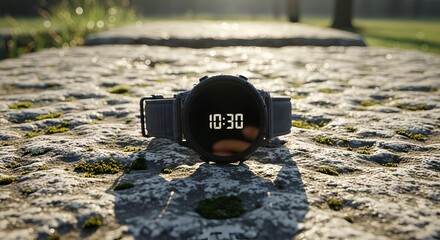 Black digital smartwatch on a stone surface in sport style in dark colors representing outdoor fitness tracking technology