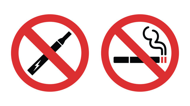No Electronic Cigarette and No Smoking Signs on White Background Keywords: no smoking, no vaping, electronic cigarette, e-cigarette, cigarette, smoking, vape, prohibited, forbidden, ban, red