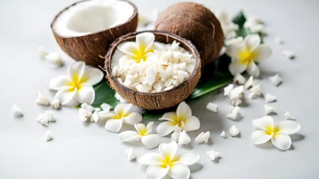 Gourmet Shredded Coconut Flakes. coconut oil with frangipani flowers and coconut shavingswhite fran flowers with yellow centers on a green leaf, and a coconut shell with a yellow flower on top.