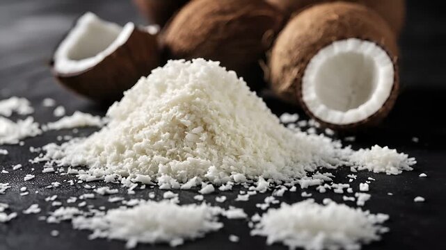Gourmet Shredded Coconut Flakes. coconut flakes and halved coconuts on a dark surface, with one coconut half open revealing its white interior and the other half closed.