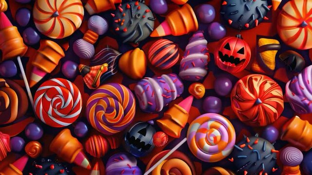 Video A vibrant display of various colored candies and lollipops stacked together