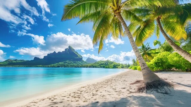 Aerial view of tropical beach with palm trees and clear blue skypalm trees on sandy beach with turquoise water and mountains in the backgroundpalm tree with sunlit leaves and blue skypalm fronds aga.