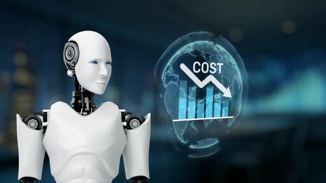 A humanoid robot stands in a modern office, analyzing cost trends with a downward arrow and bar chart, symbolizing advancements in technology and finance insights. Synapse