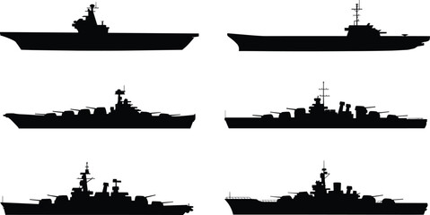 Naval warship silhouettes collection featuring battleships destroyers cruisers aircraft carriers military fleet profiles isolated on white background for maritime defense © Ashik Creatives