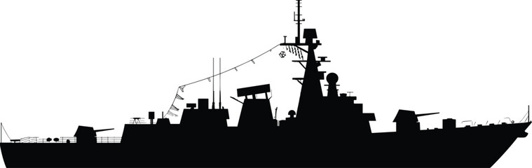Highly detailed vector silhouette illustration of a modern military naval guided-missile destroyer warship vessel on a white background © Ashik Creatives