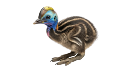 Adorable baby Southern Cassowary chick with striped plumage and colorful face isolated PNG with Transparent Background