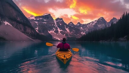 A person in a red jacket paddling a yellow kayak on a calm, serene lake under a fiery sky. The kayak is positioned on the waters surface, with the sun casting a warm.