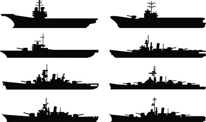 Set of Military Warship and Aircraft Carrier Silhouettes Isolated on White Background, Naval Fleet Icons for Maritime and Defense Design © Ashik Creatives