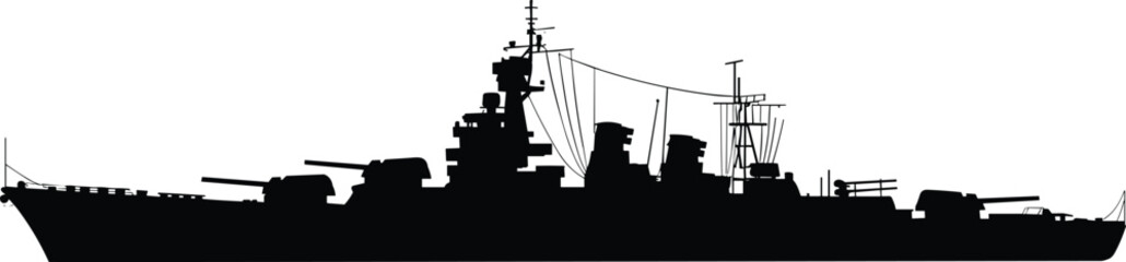 Silhouette of a Battleship with Guns and Communication Equipment in Navy Warfare, Military Vessel in Action on Ocean © Ashik Creatives
