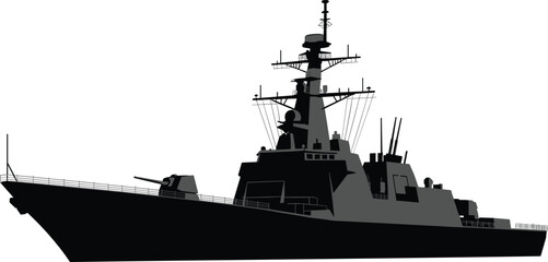 Silhouette of modern naval warship destroyer profile with radar masts, gun turret, antenna arrays, decks, and maritime defense architecture reference © Ashik Creatives