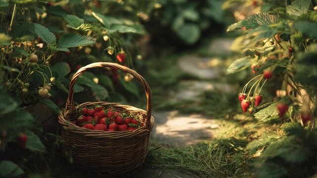 Strawberry Basket Amidst Nature: A charming wicker basket brimming with ripe, red strawberries, nestled in a lush strawberry patch, with a pathway and dappled sunlight, a perfect summer scene.