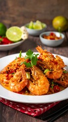 Spicy fried shrimp on a white plate