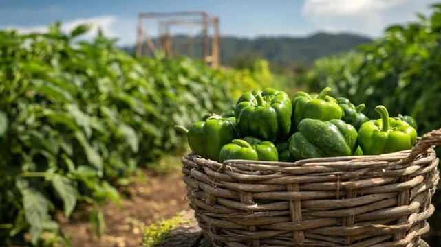 Basketful of Harvest: A wicker basket overflows with vibrant green bell peppers, freshly plucked from the flourishing field under the bright sun. 