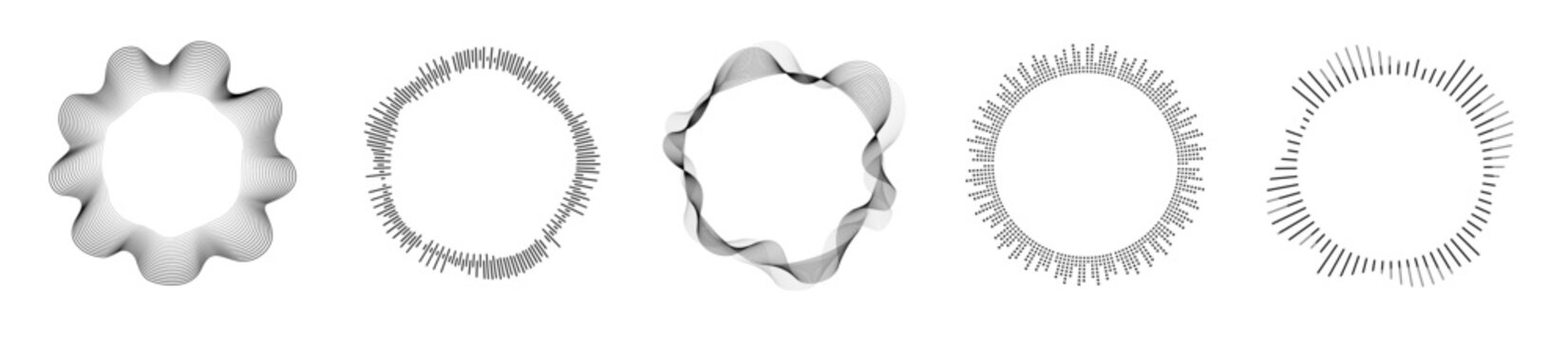 Black and white abstract circles featuring techno music waveforms and intricate designs.