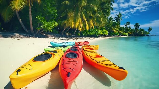 colorful kayaks on sandy beach with clear turquoise waterred and yellow kayaksyellow kayak with smiley face designyellow and red kayaks with smile face design on sandy shoreblue and green kayaks.
