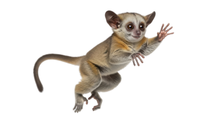 Small Grey Mouse Lemur Primate leaping with large eyes and ears isolated PNG with Transparent Background